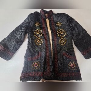 Vintage Asian Floral Embroidered Black Satin Women's Jacket (TLC Needed)